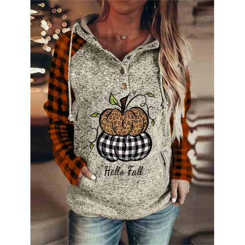 Hello Fall Pumpkins Plaid Patchwork Hoodie