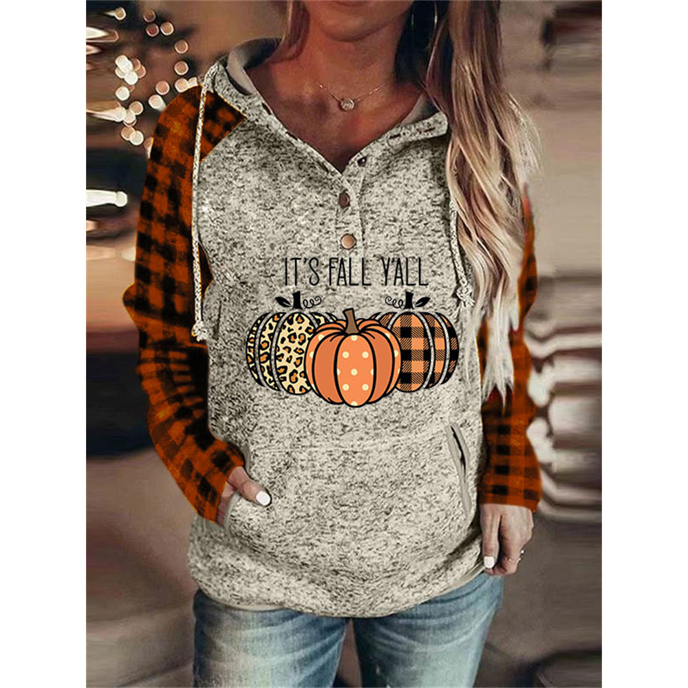 It's Fall Y'all Pumpkins Plaid Patchwork Hoodie