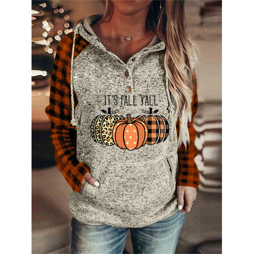 It's Fall Y'all Pumpkins Plaid Patchwork Hoodie