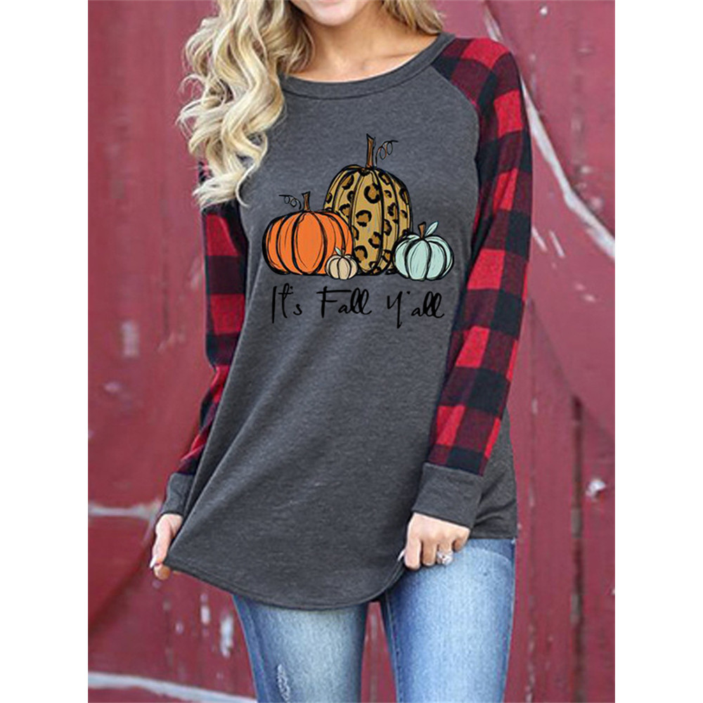 It's Fall Y'all Pumpkins Plaid Patchwork T Shirt