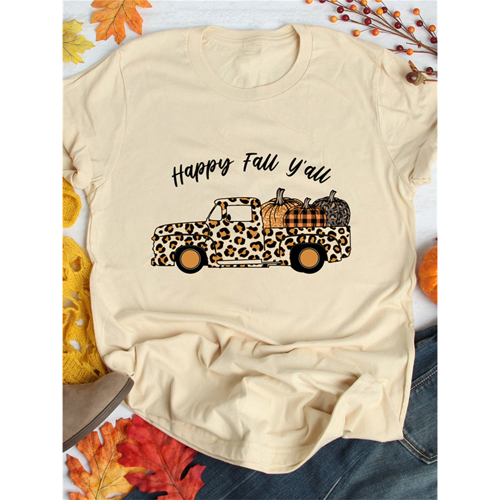 Khaki Happy Fall Leopard Truck Cute Pumpkin Graphic T Shirt