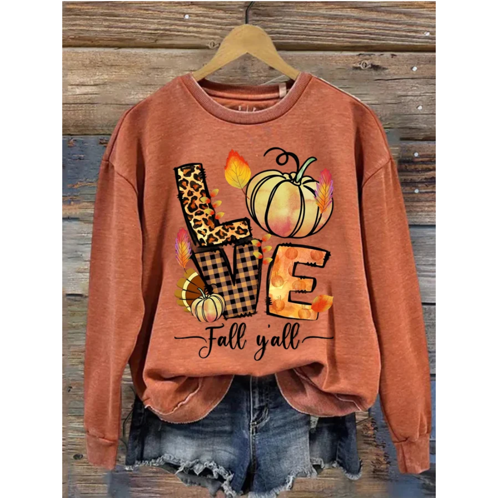 Love Fall Y'All Pumpkin Print Long Sleeve Sweatshirt