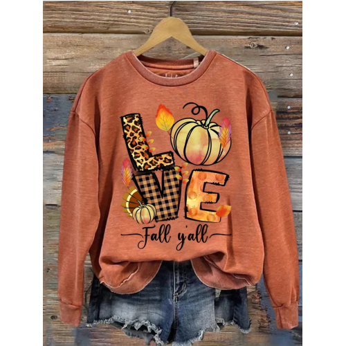 Love Fall Y'All Pumpkin Print Long Sleeve Sweatshirt