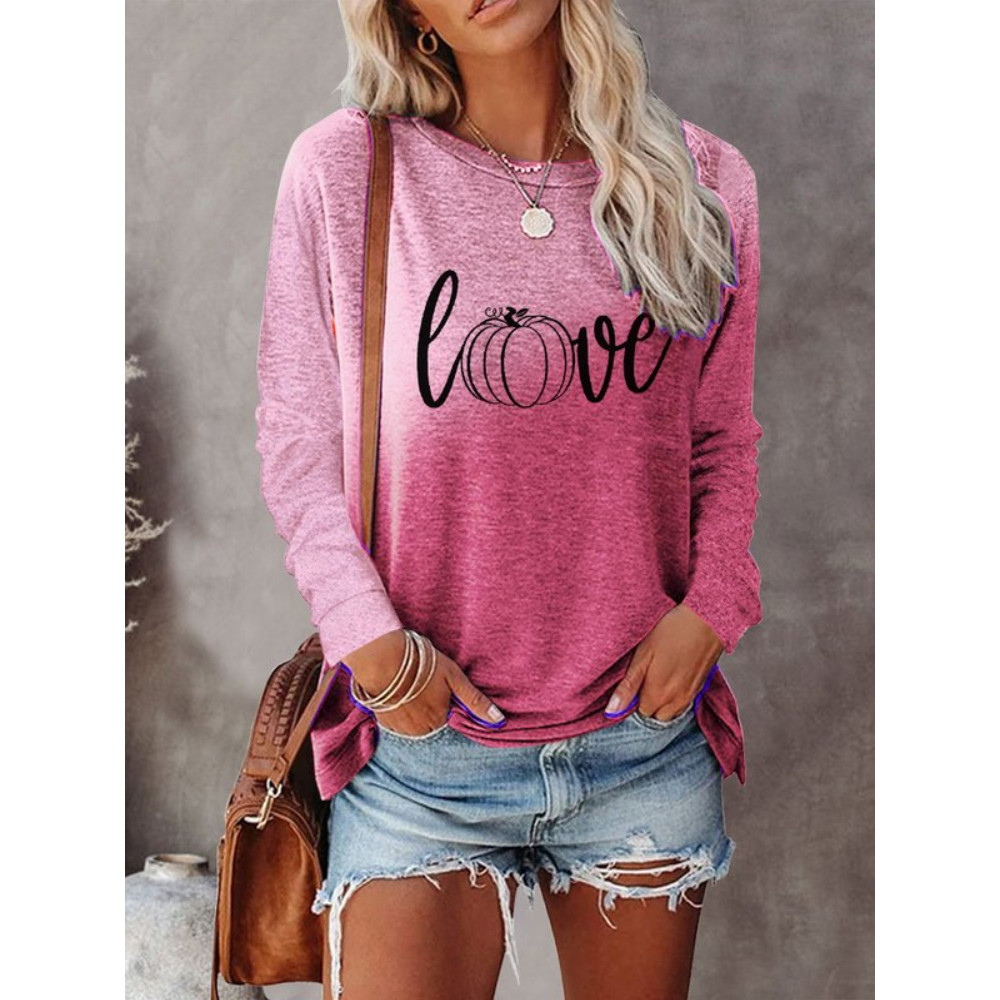 Love Pumpkin Print Gradient Casual T Shirt