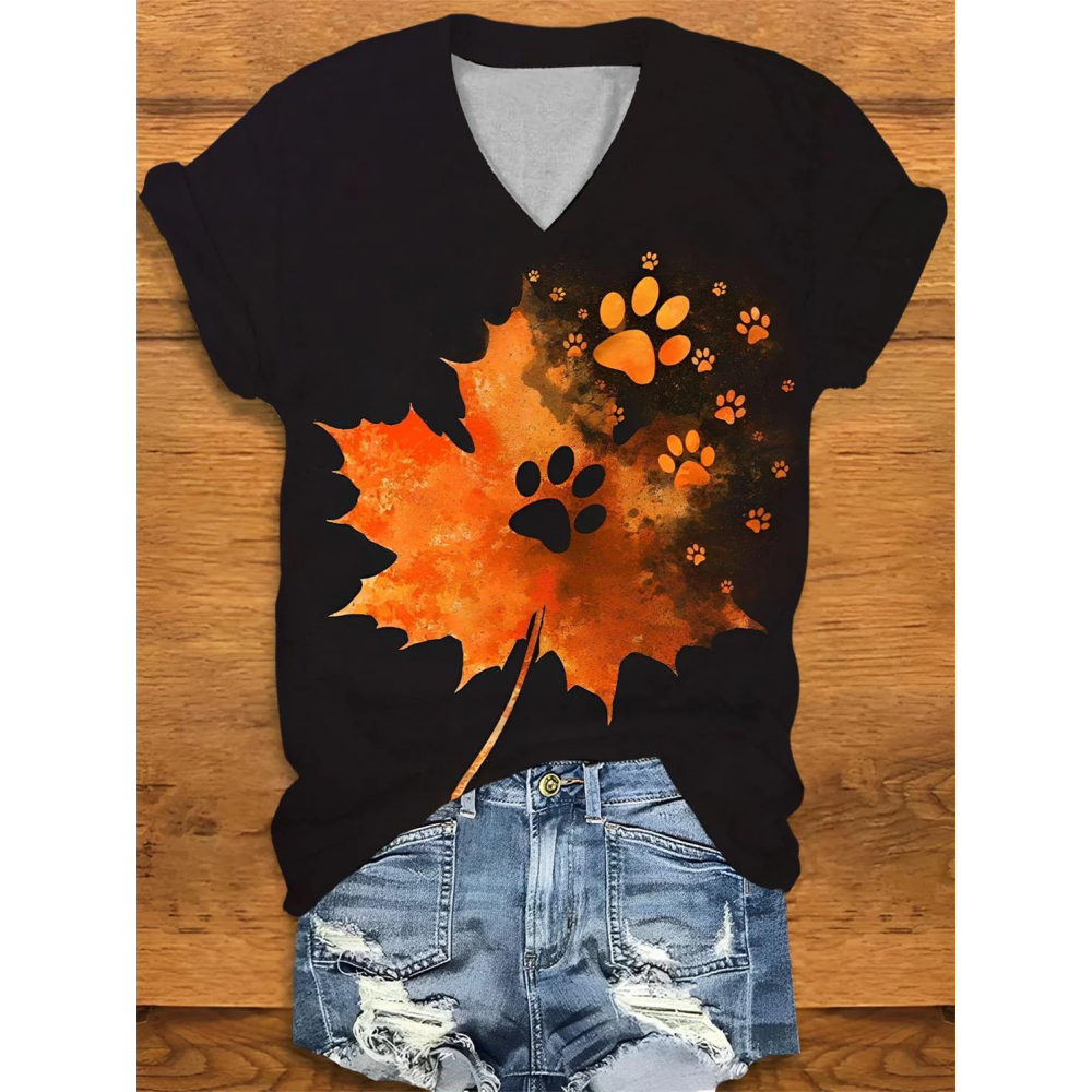 Maple Leaf Dog Paw Print V-Neck T-Shirt