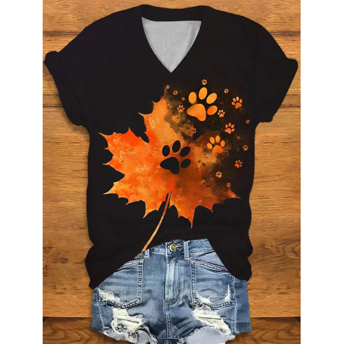 Maple Leaf Dog Paw Print V-Neck T-Shirt