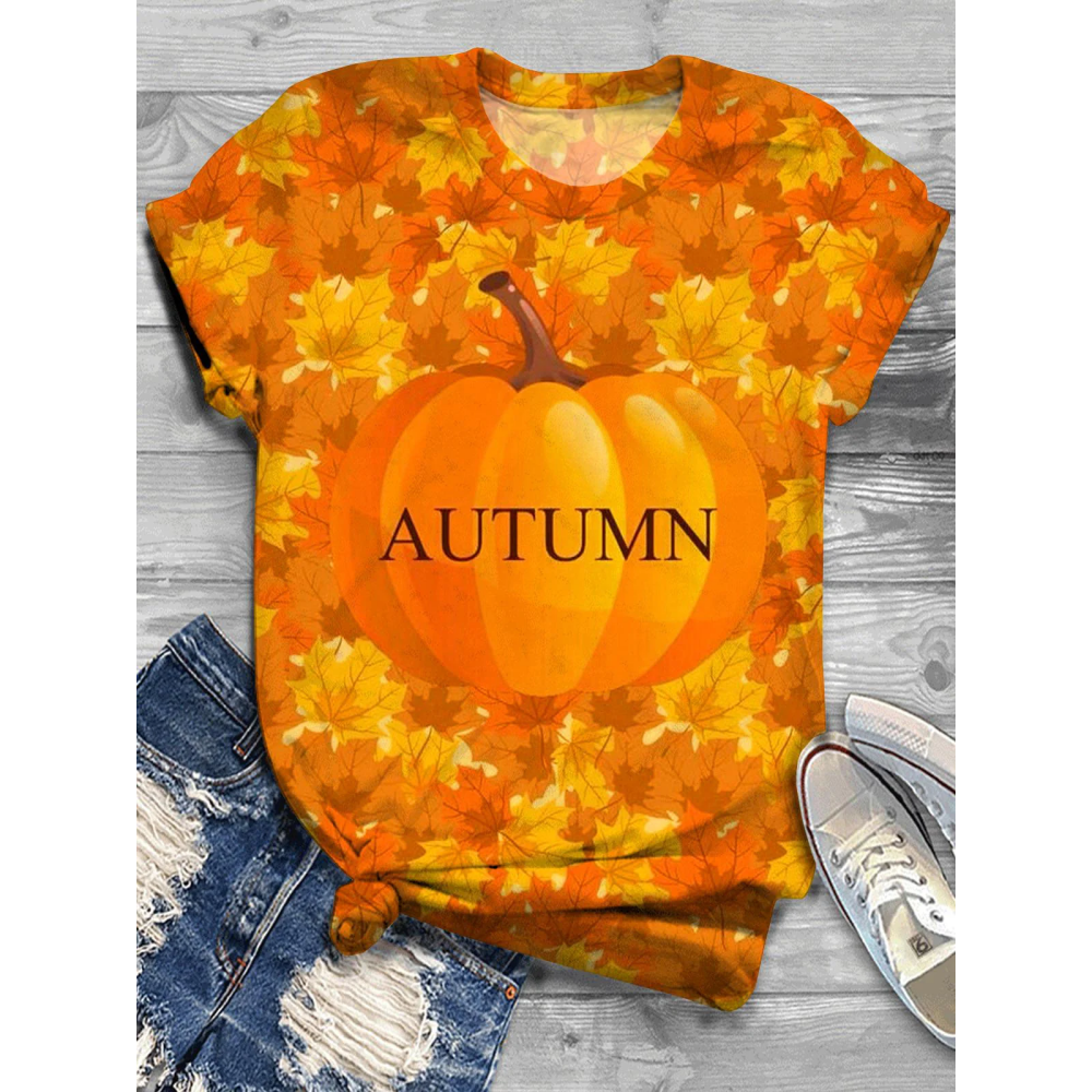 Maple Leaf Pumpkin Autumn Crew Neck T-Shirt