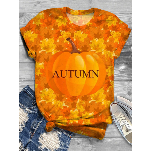 Maple Leaf Pumpkin Autumn Crew Neck T-Shirt