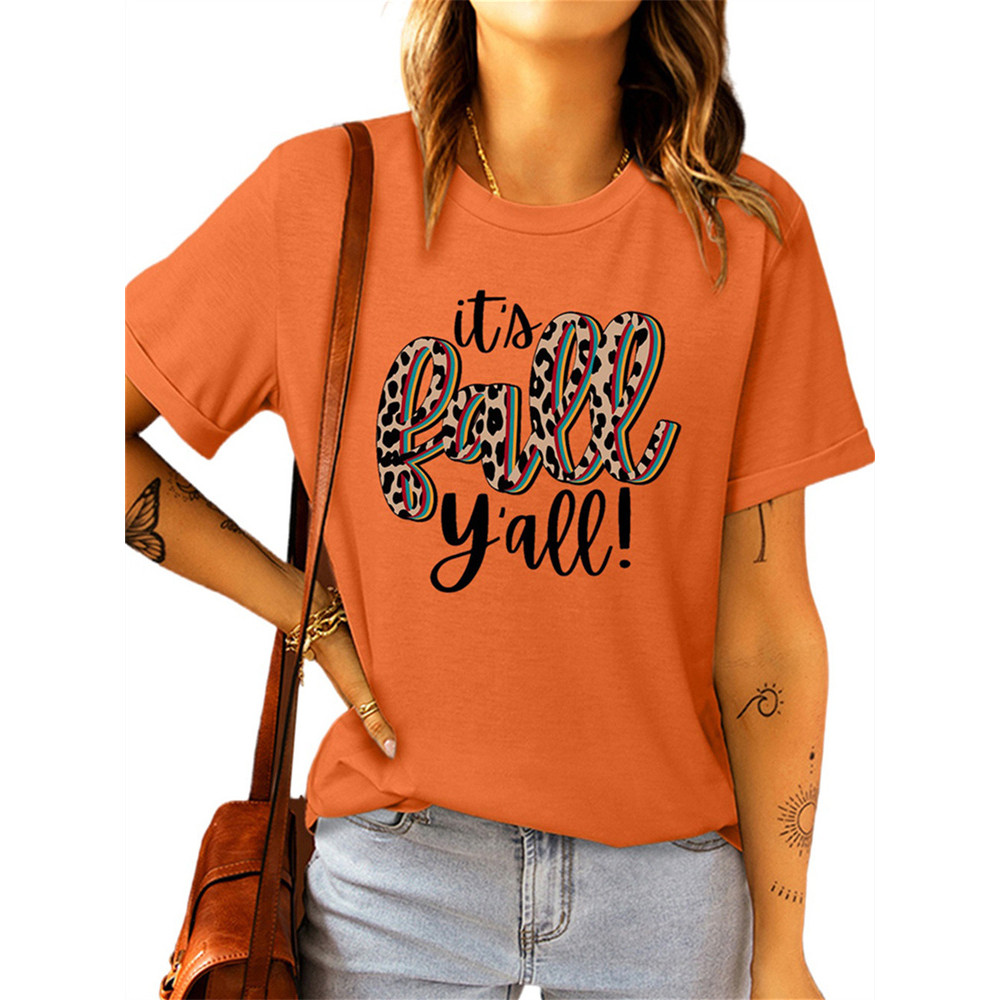 Orange Its Fall Yall Leopard Print Casual T Shirt