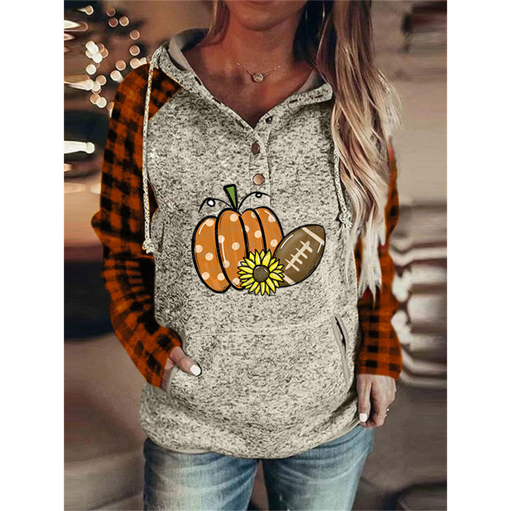 Pumpkin Football Lover Plaid Patchwork Hoodie