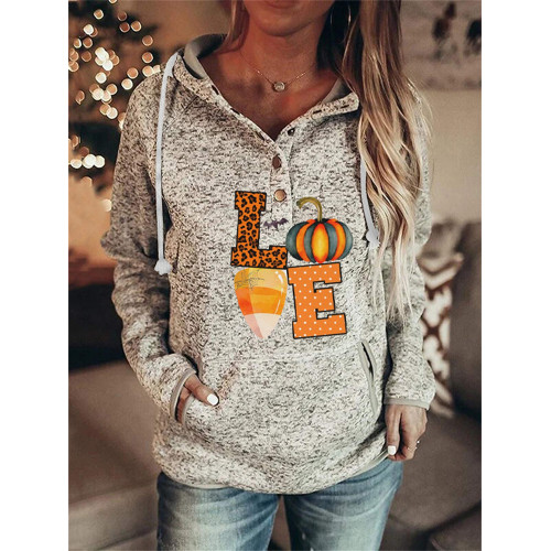 Pumpkin Print Thanksgiving Hooded Sweatshirt