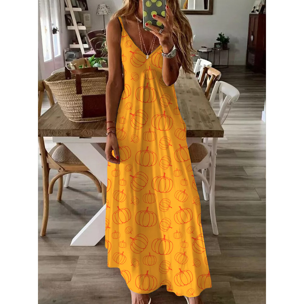 Pumpkins Pattern Print V Neck Cami Maxi Dress