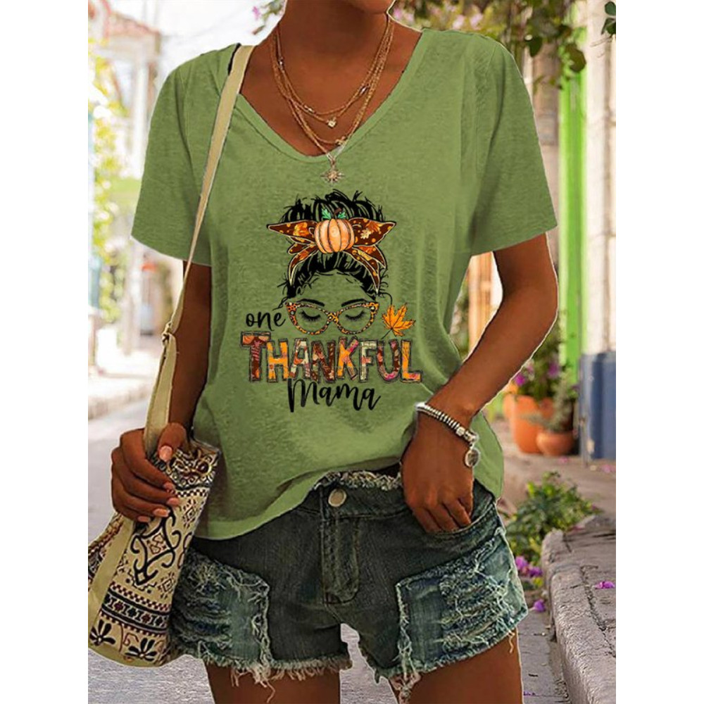 Thankful Mama Print V Neck Short Sleeve T Shirt