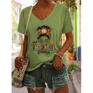 Thankful Mama Print V Neck Short Sleeve T Shirt