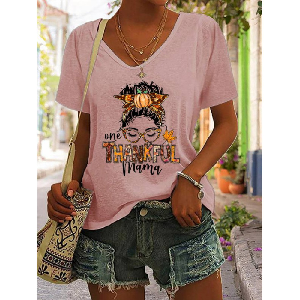 Thankful Mama Print V Neck Short Sleeve T Shirt