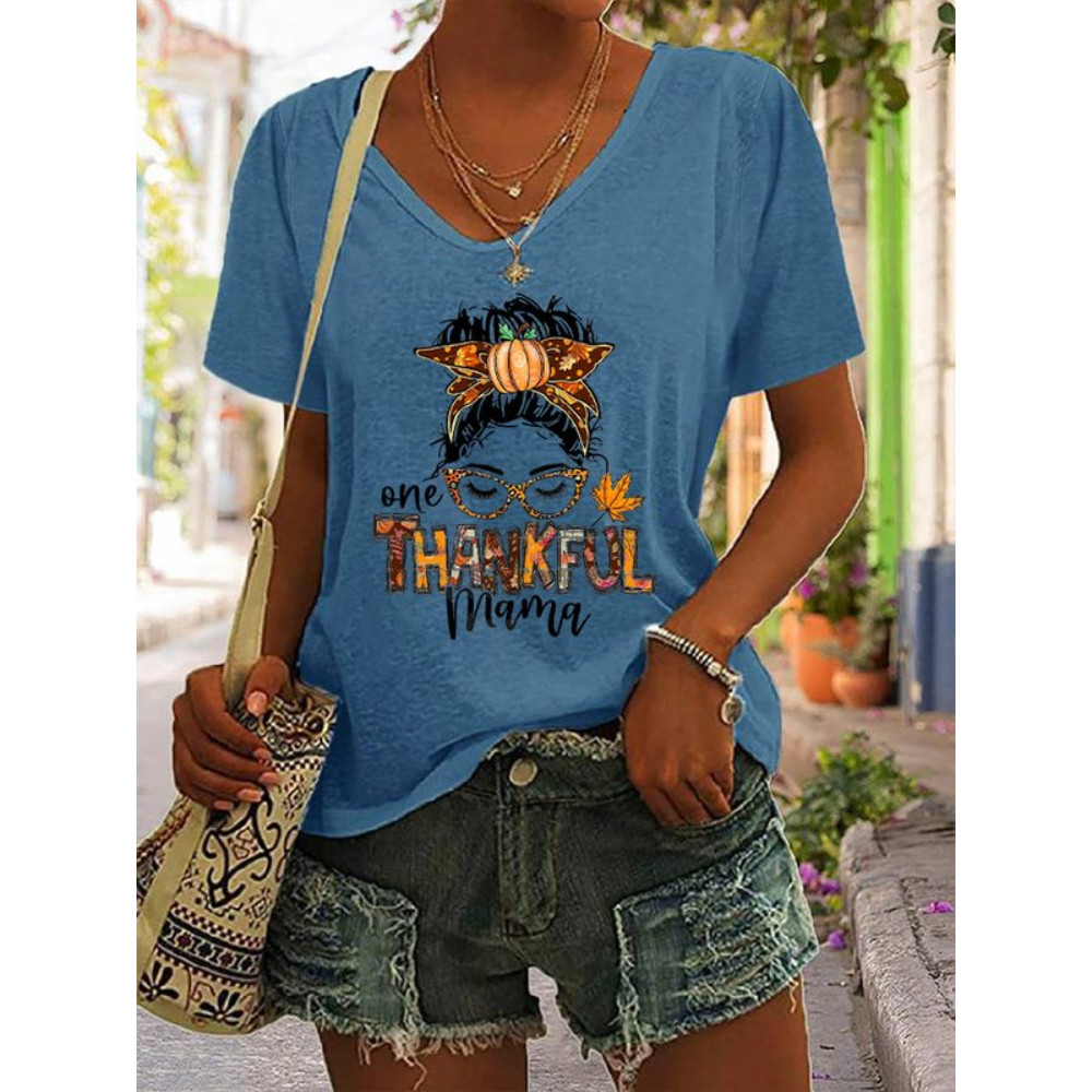 Thankful Mama Print V Neck Short Sleeve T Shirt