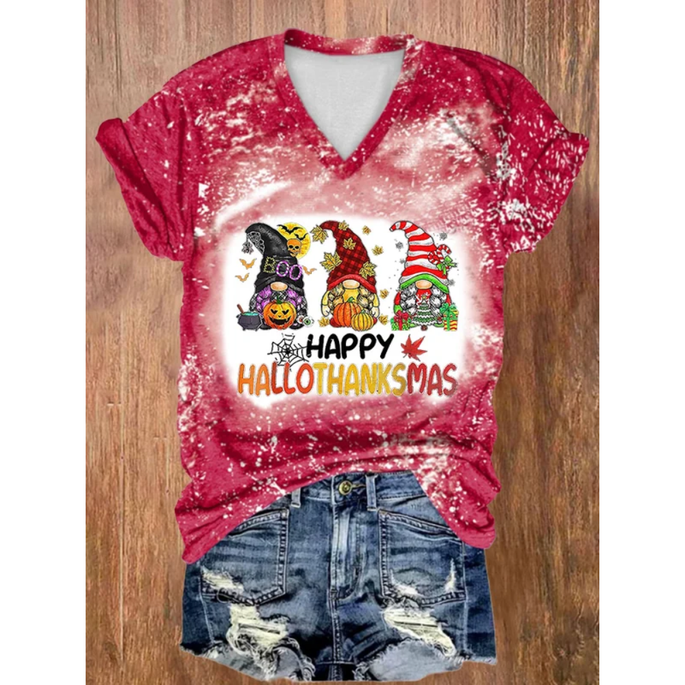 V-neck Tie Dye Happy Hallothanksmas Gnomes Print T-Shirt