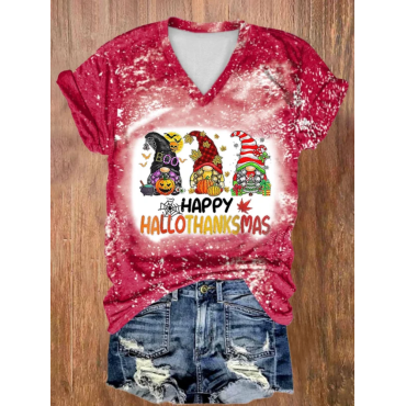 V-neck Tie Dye Happy Hallothanksmas Gnomes Print T-Shirt