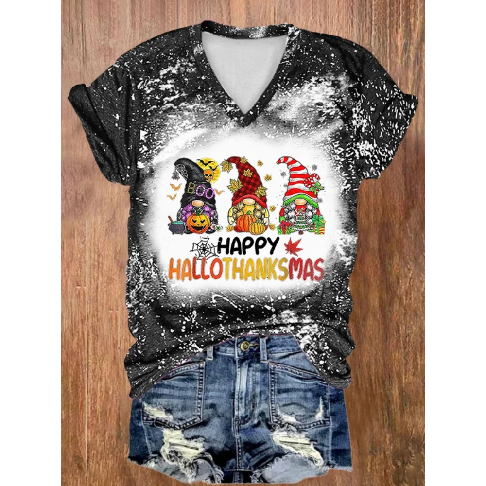 V-neck Tie Dye Happy Hallothanksmas Gnomes Print T-Shirt