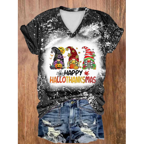V-neck Tie Dye Happy Hallothanksmas Gnomes Print T-Shirt
