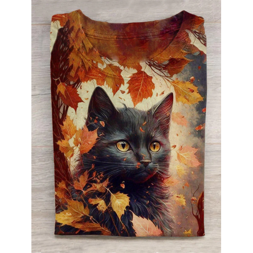 Women's Cat Art Print Casual T-Shirt