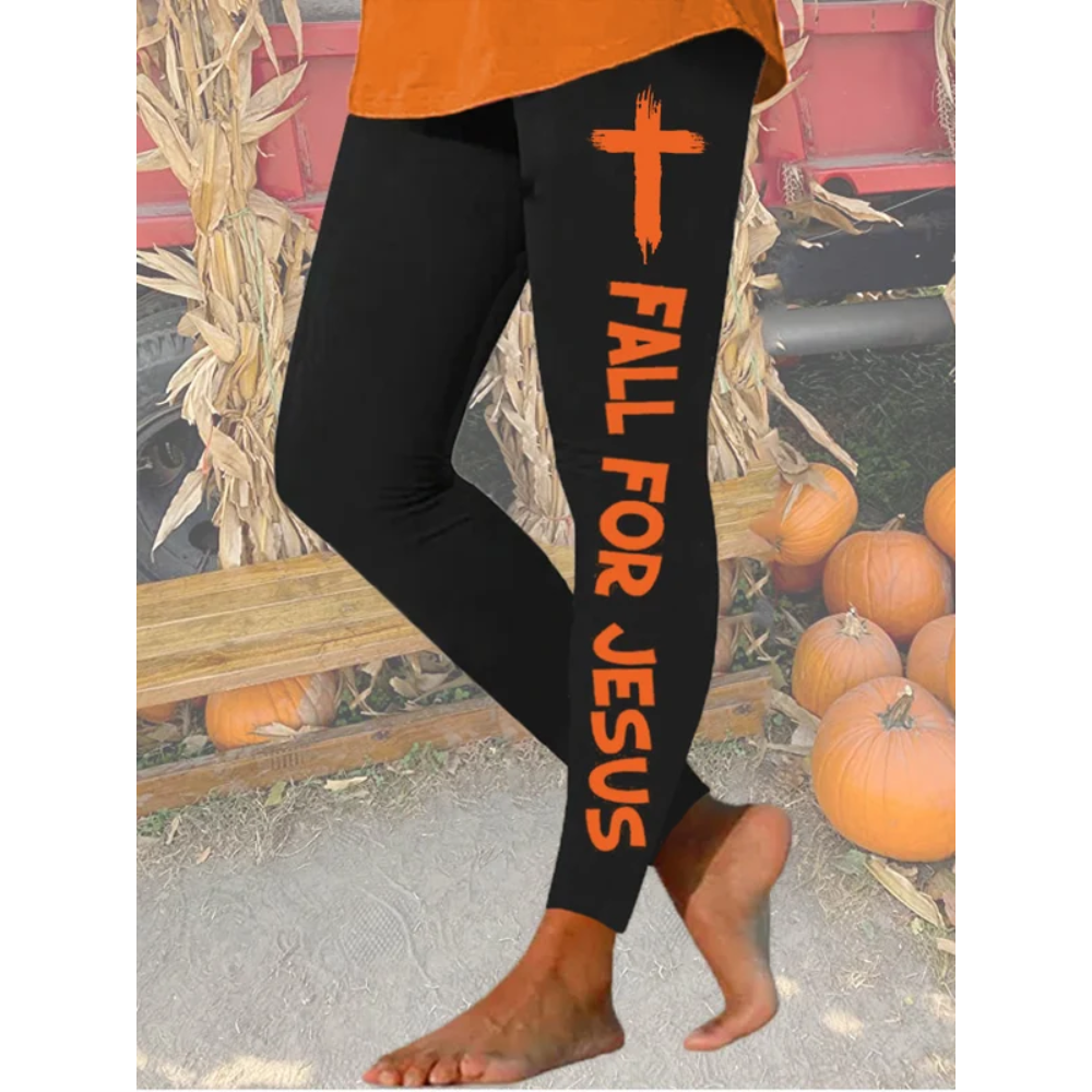 Women's Fall For Jesus He Never Leaves Print Leggings