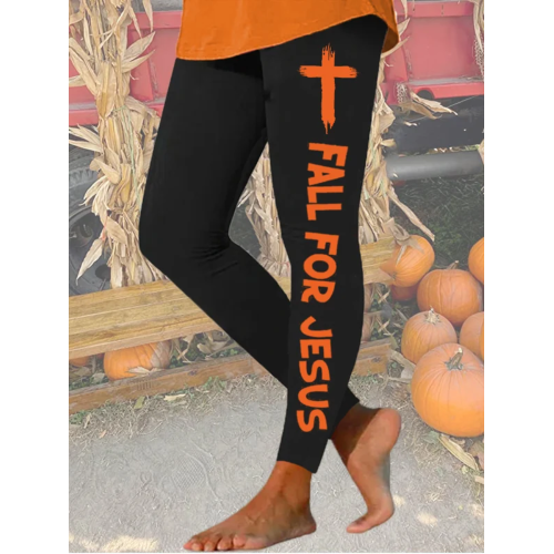 Women's Fall For Jesus He Never Leaves Print Leggings