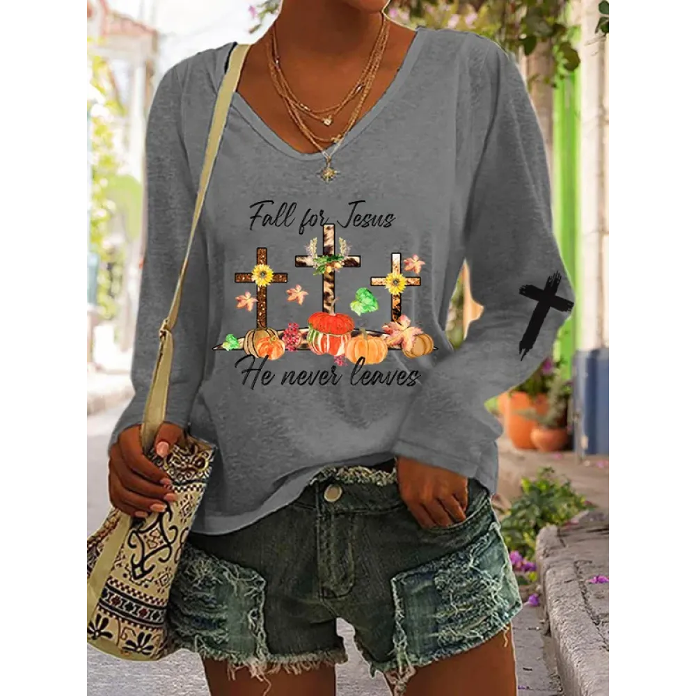 Women's Fall For Jesus He Never Leaves V Neck T Shirt