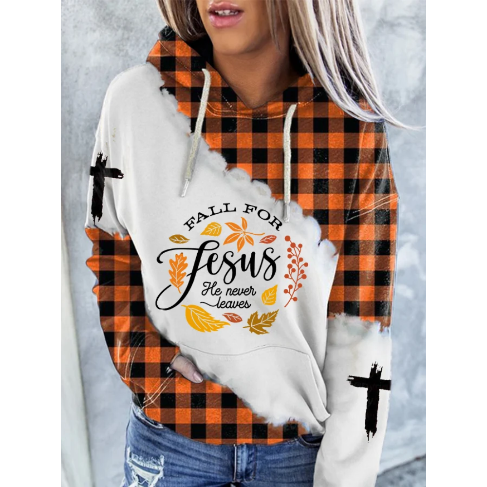 Women's Fall for Jesus He Never Leaves Maple Leaf Checkered Printed Casual Hoodie
