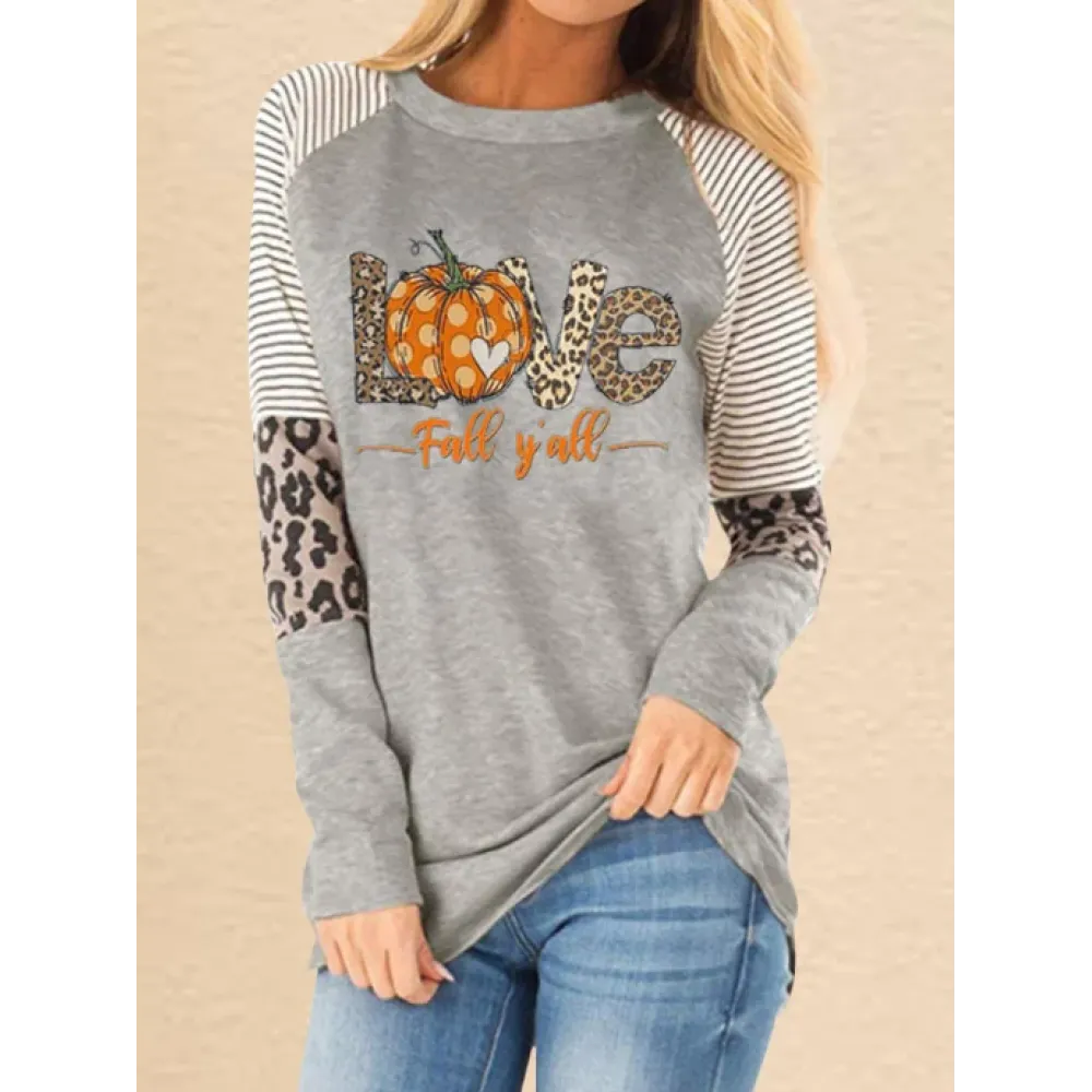 Women's Halloween Love Fall Yall Leopard Patchwork Print Casual Long Sleeve T Shirt