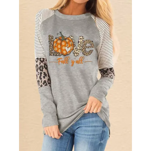 Women's Halloween Love Fall Yall Leopard Patchwork Print Casual Long Sleeve T Shirt