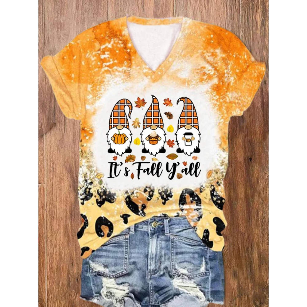 Women's It's Fall Y'all Cute Gnomes Pumpkin Spice Season Print V-Neck T-Shirt