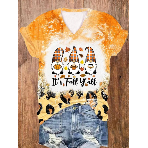 Women's It's Fall Y'all Cute Gnomes Pumpkin Spice Season Print V-Neck T-Shirt