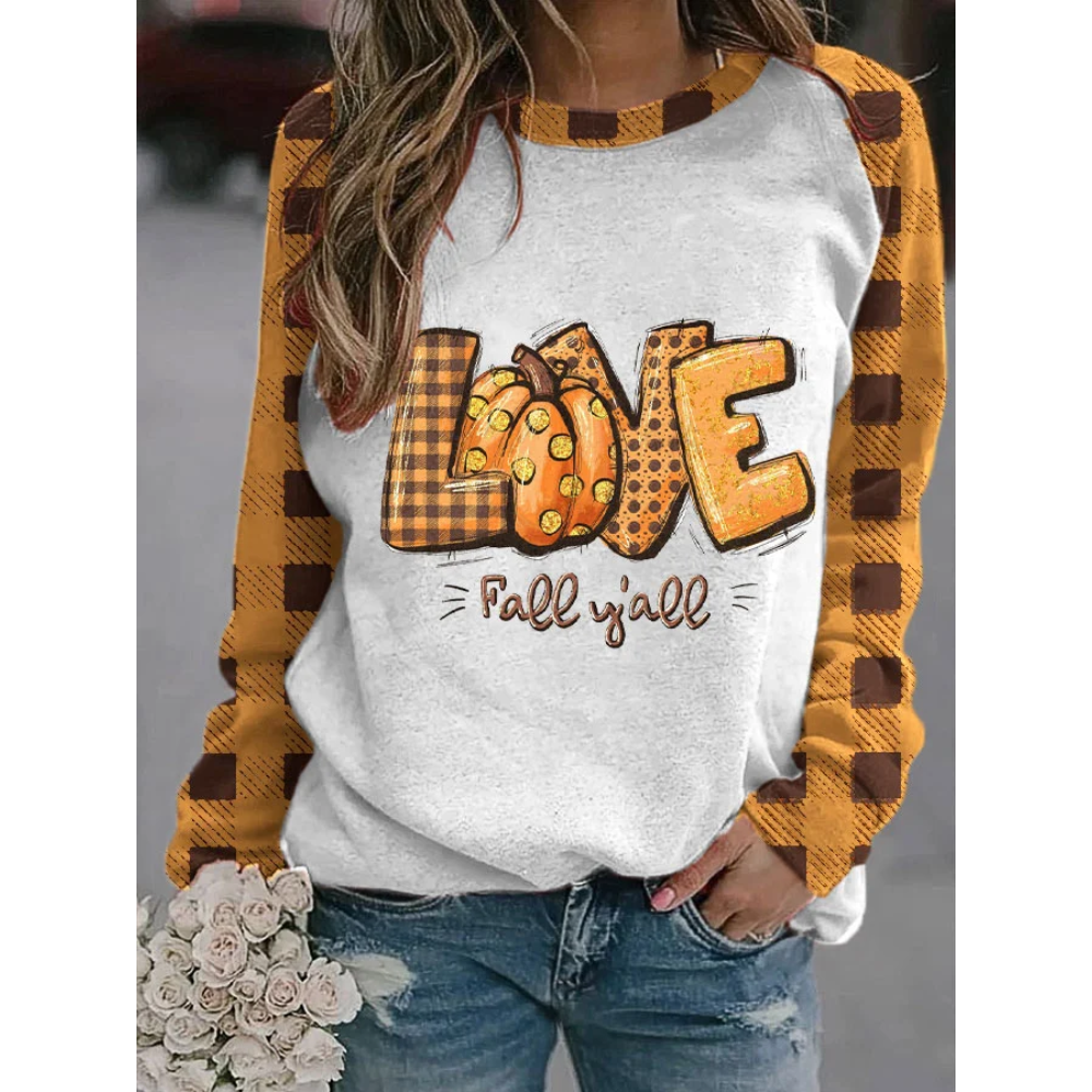 Women's Love Fall Y'all Pumpkin Maple Leaf Autumn Plaid Print Sweatshirt