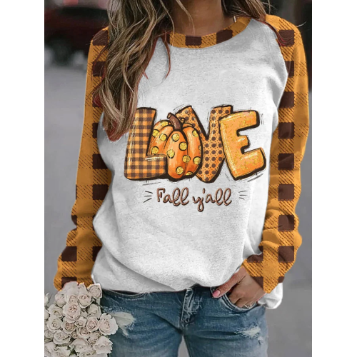 Women's Love Fall Y'all Pumpkin Maple Leaf Autumn Plaid Print Sweatshirt
