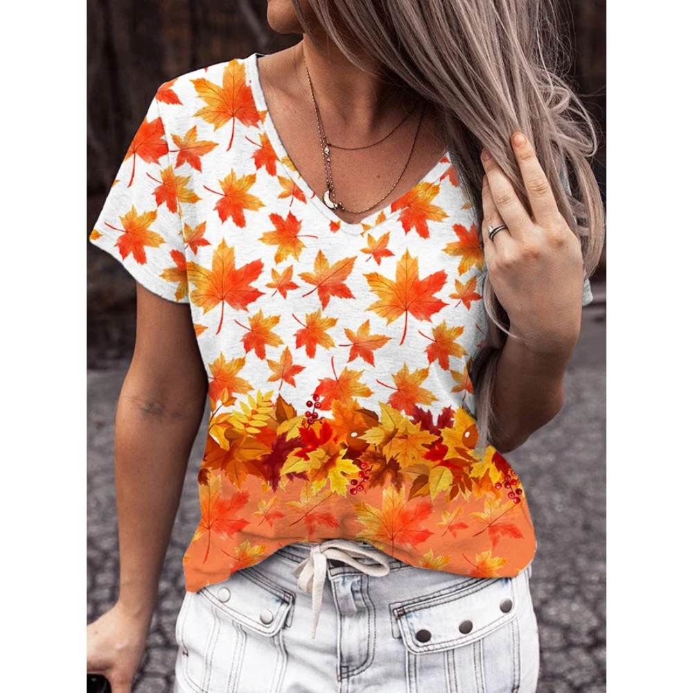 Women's Maple Leaf Print Casual V-Neck Tee