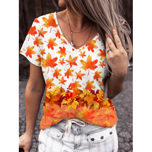 Women's Maple Leaf Print Casual V-Neck Tee
