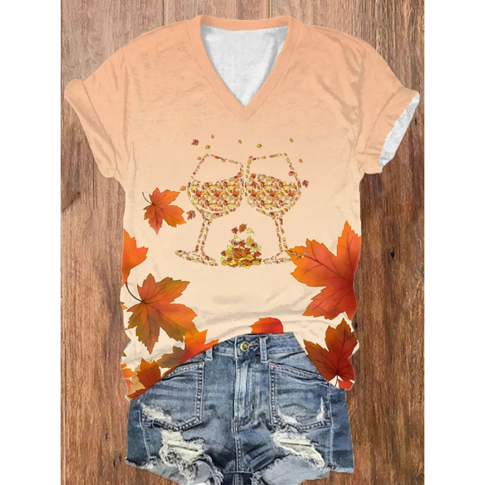 Women's Maple Leaf and Wineglass Casual T-Shirt
