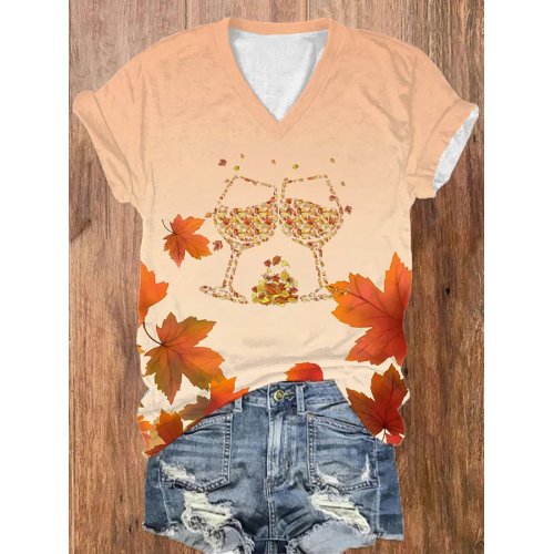 Women's Maple Leaf and Wineglass Casual T-Shirt