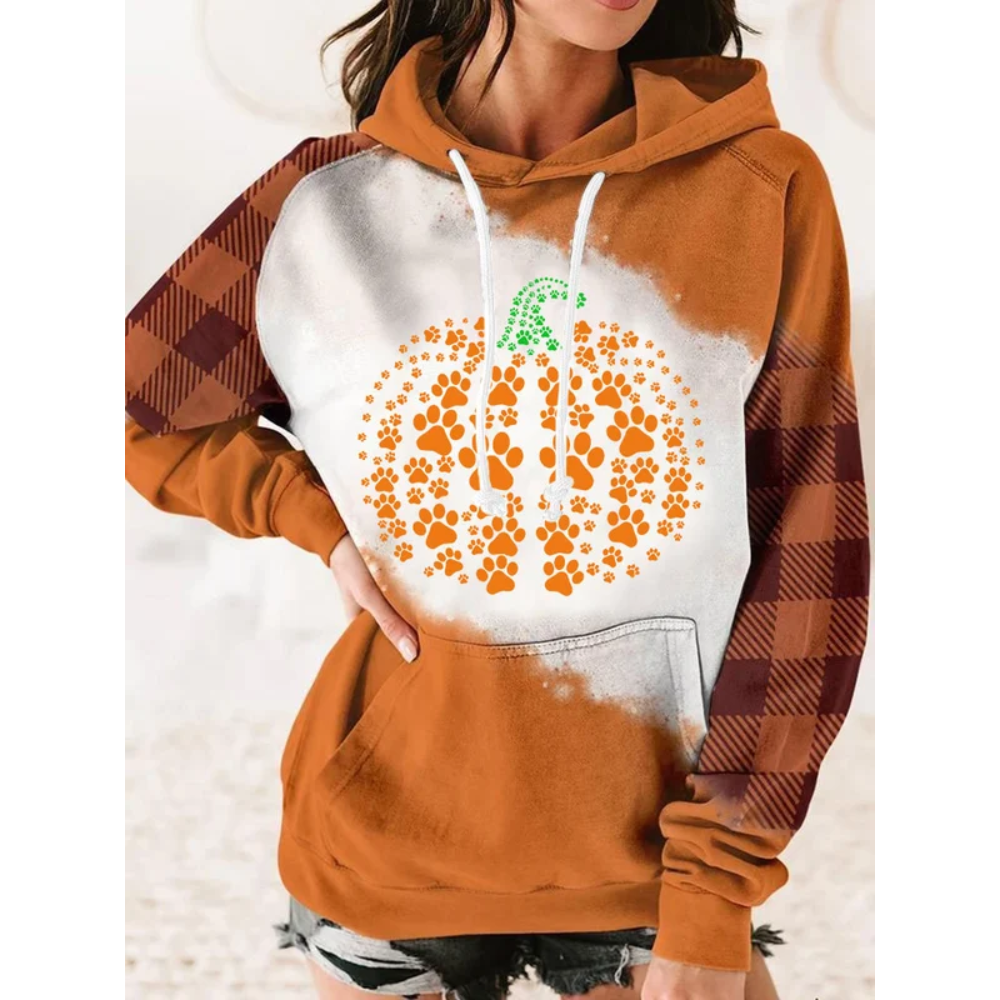 Women's Pumpkin Dog Paw Heart Print Plaid Panel Hoodie