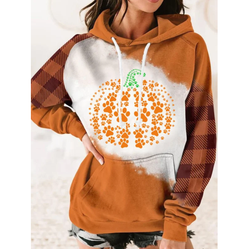 Women's Pumpkin Dog Paw Heart Print Plaid Panel Hoodie