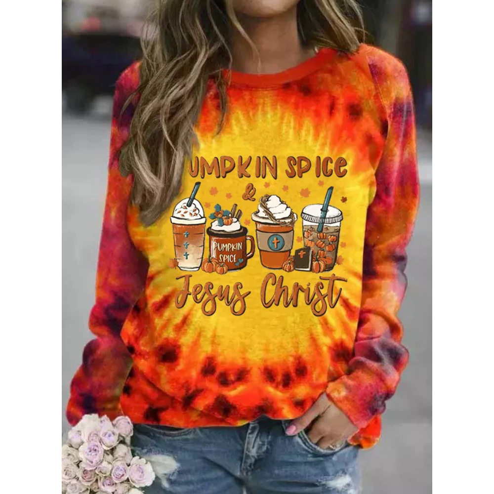 Women's Pumpkin SpiceJesus Christ Tie Dye Printed Round Neck Long Sleeve Sweatshirt
