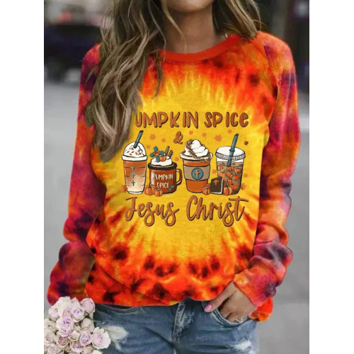 Women's Pumpkin SpiceJesus Christ Tie Dye Printed Round Neck Long Sleeve Sweatshirt