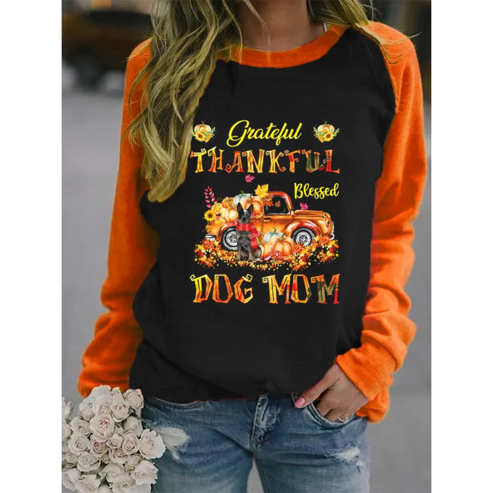 Women's Pumpkin Thankful Grateful Blessed Dog Mom Maple Leaf Printed Sweatshirt