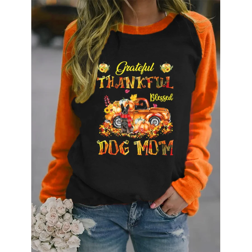 Women's Pumpkin Thankful Grateful Blessed Dog Mom Maple Leaf Printed Sweatshirt