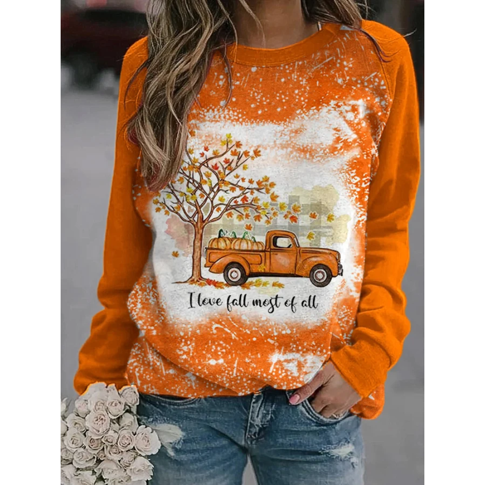 Women's Thanksgiving I Love Fall Most of All Maple Pumpkin Truck Print Sweatshirt