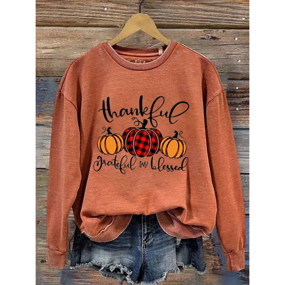 Women's Thanksgiving Thankful Grateful Blessed Printed Round Neck Long Sleeve Sweatshirt
