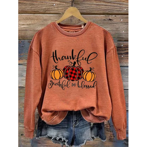 Women's Thanksgiving Thankful Grateful Blessed Printed Round Neck Long Sleeve Sweatshirt
