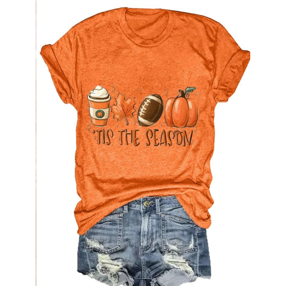 Women's Tis The Season Pumpkin Football Maple Leaf Autumn Print T-Shirt