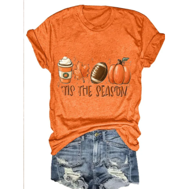 Women's Tis The Season Pumpkin Football Maple Leaf Autumn Print T-Shirt